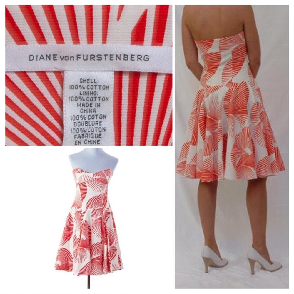 Diane Von Furstsnberg Anita Retro Fitted Flared Strapless Sunburst Red Dress 8